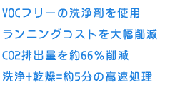 VOCフリーの洗浄剤を使用 ランニングコストを大幅削減 CO2排出量を約66％削減 洗浄+乾燥=約5分の高速処理